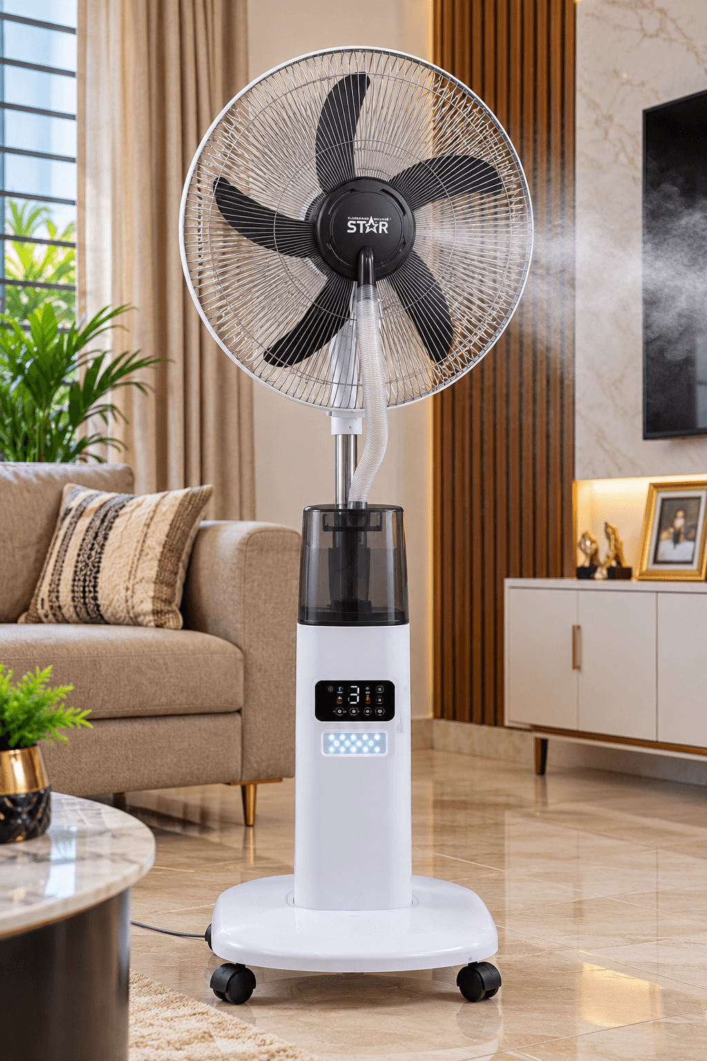 Modern STAR Misting Fan in a Stylish Living Room